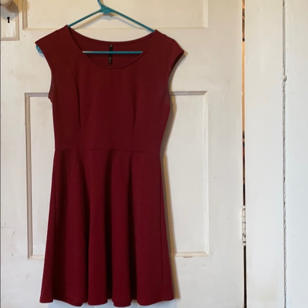 deep red fit and flare dress